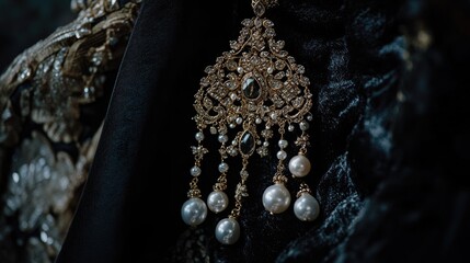 Elegant Vintage Jewelry with Intricate Design and Lustrous Pearls Displayed on Black Fabric Background for Fashion and Luxury Themes