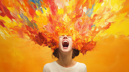 Girl screaming in frustration with colorful flames exploding from her head, expressing intense emotions and creativity in vibrant artistic setting