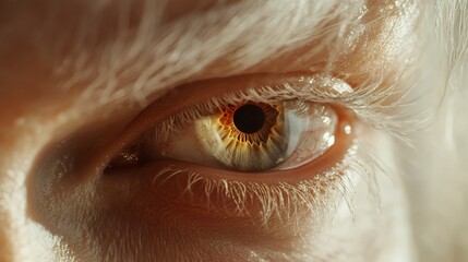 Extreme close-up of an albino person's eye, revealing the golden hues of the iris and intricate details of the surrounding skin and lashes.