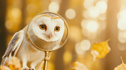 Inquisitive barn owl with wide amber eyes peering through magnifying glass, surrounded by autumn leaves and soft golden background, evokes sense of curiosity and wonder