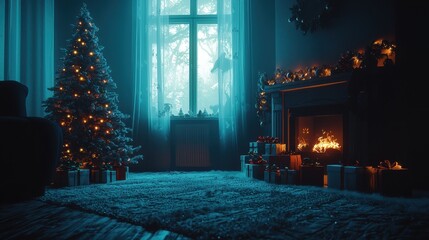Obraz premium interior christmas. magic glowing tree, fireplace, gifts in darkinterior christmas. magic glowing tree, fireplace, gifts in dark