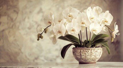 Elegant White Orchids in Ornate Pot Against Soft Marble Background for Home Decor, Floral Arrangement, and Botanical Aesthetics Inspiration