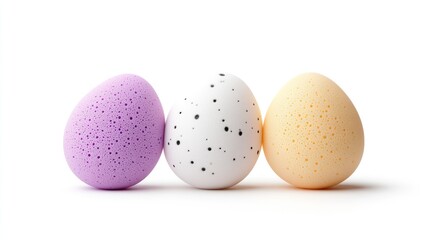 Three colorful, speckled eggs displayed on a white background.