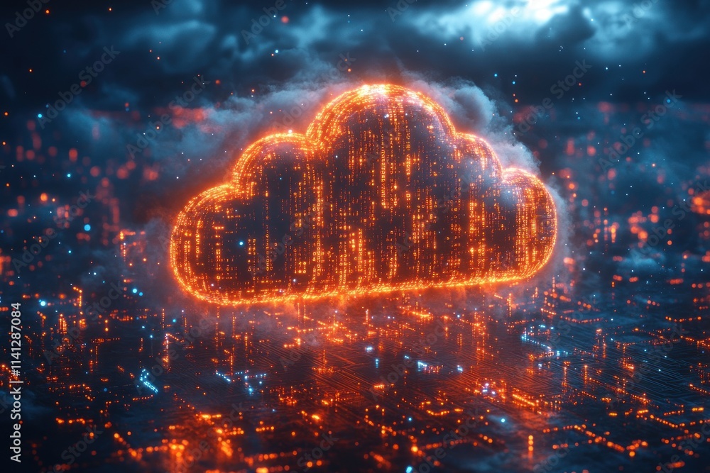 Fototapete Futuristic Cloud Computing with Glowing Binary Code on Circuit Board Background