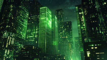 Green Neon Cityscape Under Rain