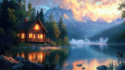 Fototapeta premium Cozy Wooden Cabin by the Lake at Twilight Surrounded by Mountains