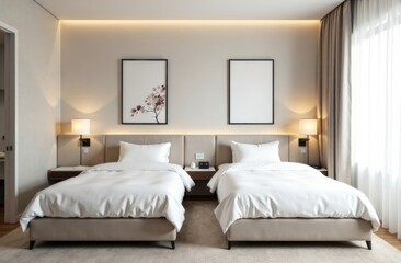 modern room for two young women, two white beds, wallpaper on the wall, and elegant works of art. , emphasizing the modern simplicity of the space