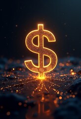 Abstract Financial Technology: Golden Light Effect on 3D Dollar Sign with Cinematic Lighting and Geometric Network Lines
