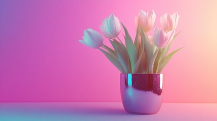 A Beautiful Arrangement of Soft Pink Tulips in a Shiny Pot Against a Gradient Pink and Purple Background Creating a Serene and Elegant Atmosphere