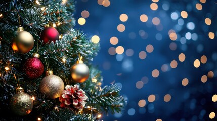 concept - christmas garland bokeh lights over dark blue background