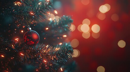 Christmas Tree With Ornament And Bokeh Lights In Red BackgroundChristmas Tree With Ornament And Bokeh Lights In Red Background