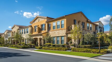 Upscale residential neighborhood with Mediterranean-style homes, landscaped yards, and a sunny sky.