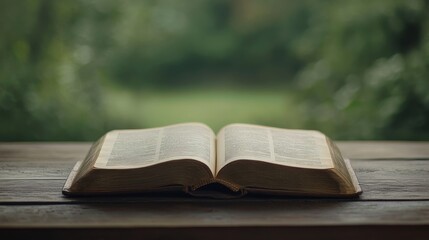 Open Book on Wooden Table, Nature Background