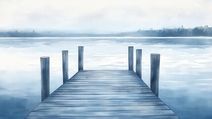 Fototapeta premium Serene Wooden Pier Extending into Tranquil Foggy Lake Surrounded by Lush Forest in Soft Blue and White Tones, Ideal for Peaceful Nature Themes