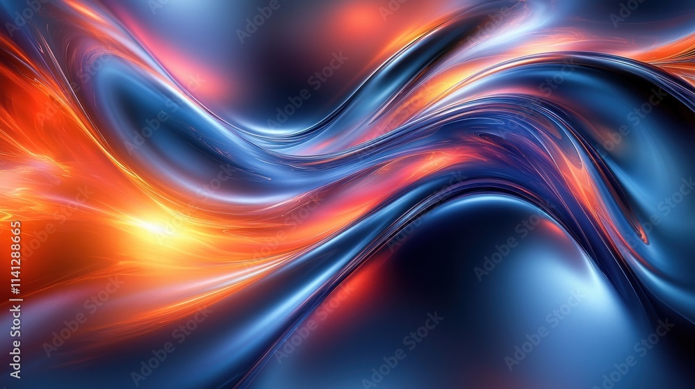 Poster Futuristic Abstract Background Design with Iridescent Metallic Reflections and Fluid Curves in Dark Space