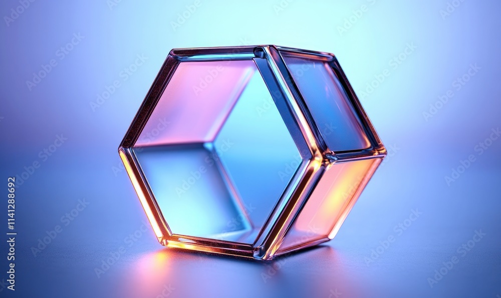 Poster futuristic iridescent hexagonal shape with pastel lighting in gradient sky background