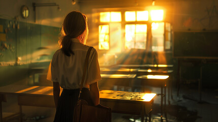 Back of female student in white uniform gazing at golden sunset through classroom windows, creating atmospheric shadows across empty desks, nostalgic mood with warm light rays in school setting