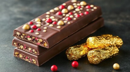 Delicious chocolate bars with colorful toppings and gold-wrapped treats on a dark background, perfect for desserts and sweets lovers