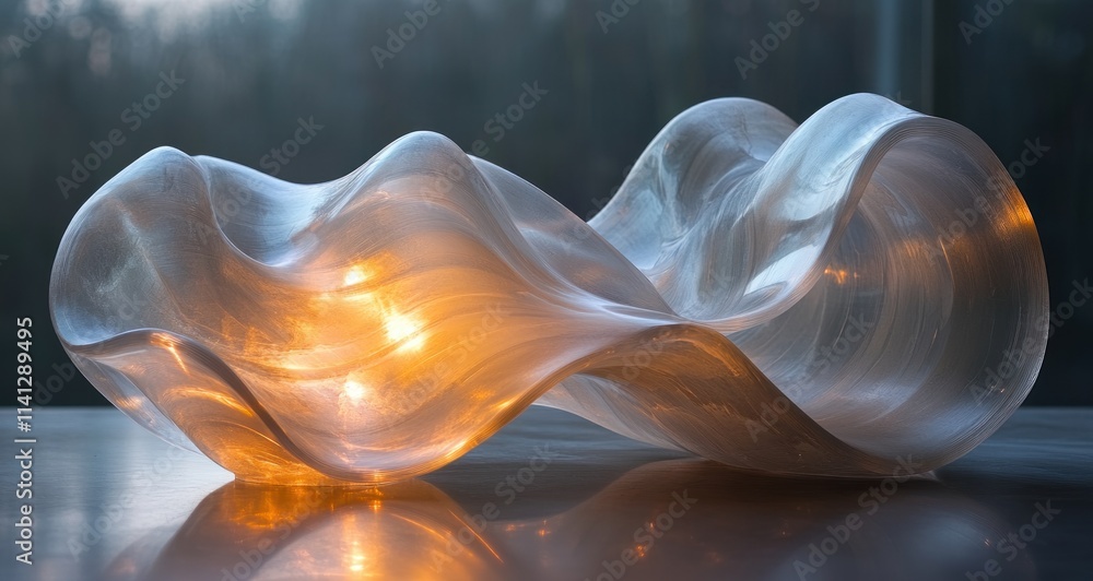 Poster translucent minimalist sculpture with curved lines and smooth textures in soft lighting