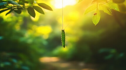 Fototapeta premium Beautiful Green Caterpillar Hanging from a Leaf in a Sunlit Forest, Symbolizing Transformation and Nature's Wonders in a Tranquil Outdoor Setting