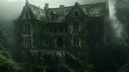 Overgrown abandoned mansion shrouded in mist.