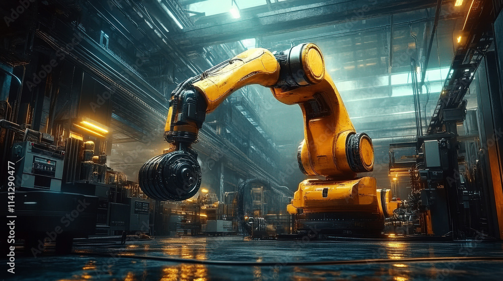 Poster large robotic arms in factory workshops replace manual operations