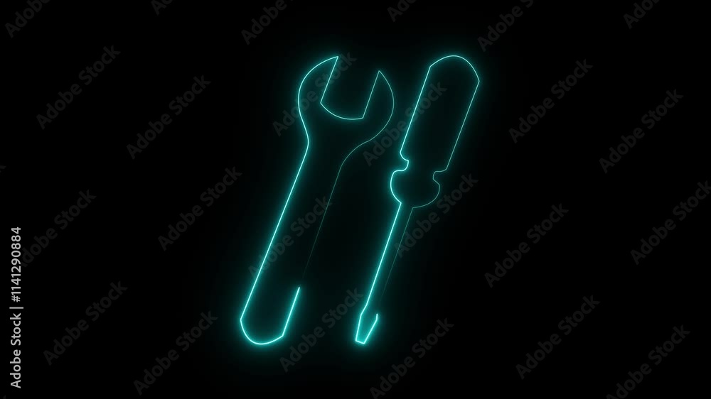 Poster glowing neon line setting icon. spinning gears icon animated video. neon wrench icon animated with b