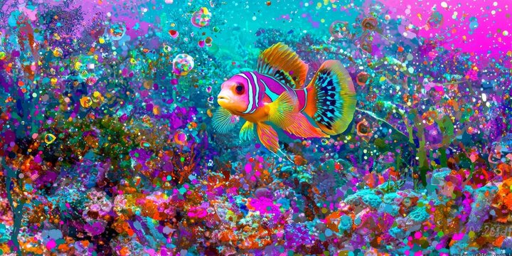 Vibrant Coral Reef Scene with Colorful Mandarin Fish