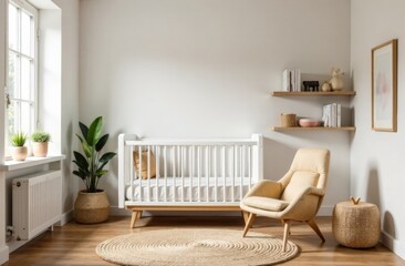 Minimalist children's room. The room has a simple crib and fun accents.