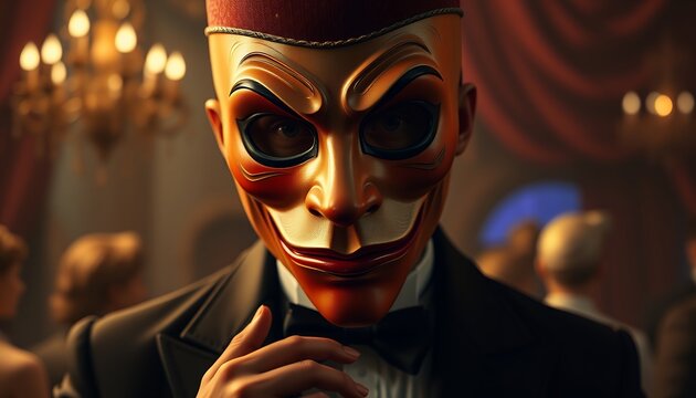 A man in a golden mask and fez attends a grand ball, his expression hidden, creating an aura of mystery and intrigue.