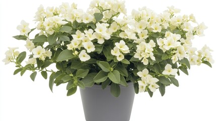 Obraz premium Beautiful white flowers in a green leafy plant arrangement, showcasing a vibrant indoor plant in a gray pot against a clean white background.