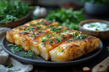 Crispy Samosas with Yogurt Sauce on Rustic Wooden Table