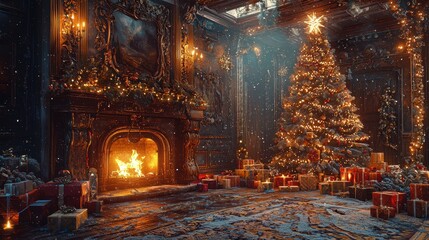 interior christmas. magic glowing tree, fireplace, giftsinterior christmas. magic glowing tree, fireplace, gifts
