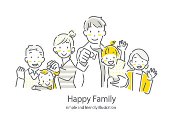 笑顔の三世代家族　シンプルでお洒落な線画イラスト