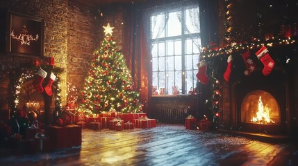 Obraz premium interior christmas. magic glowing tree, fireplace, giftsinterior christmas. magic glowing tree, fireplace, gifts