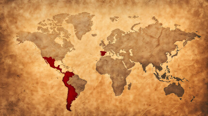 Vintage world map highlighting the Spanish speaking regions and countries of the globe in vibrant red tones against a weathered, parchment background. Hispanic background for a wallpaper