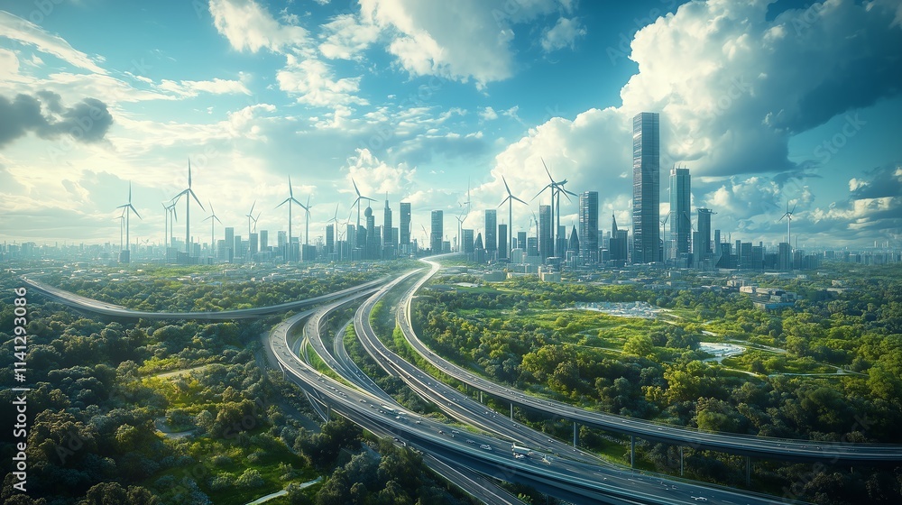 Poster a mix of urban architecture and wind turbines blending with bridges and highways, emphasizing the se