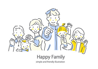 運動をして健康を維持する三世代ファミリー　シンプルでお洒落な線画イラスト