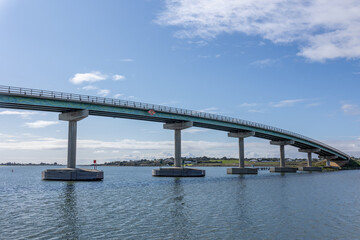 Part of the curved Hindmarsh Island bridge, a controversial curved road bridge connecting Goolwa and Hindmarsh Island over the Murray River in the Coorong on the Fleurieu Peninsula in South Australia.