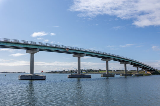 Part of the curved Hindmarsh Island bridge, a controversial curved road bridge connecting Goolwa and Hindmarsh Island over the Murray River in the Coorong on the Fleurieu Peninsula in South Australia.