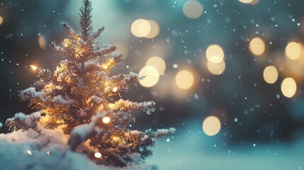 Naklejka premium Christmas tree outdoor with snow, lights bokeh around, and snow falling, Christmas atmosphere.