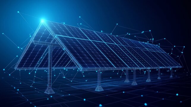 Solar panels with glowing energy lines and low poly wireframe design, isolated on a dark blue background with ample copy space for text.