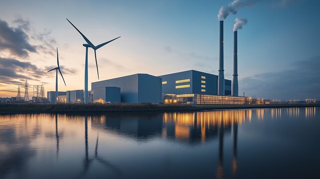 Wind turbines near a modern factory, framed by industrial buildings, exemplifying clean energy driving urban growth and sustainable development.