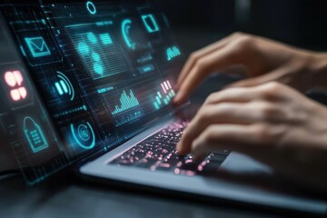 Auditing Corporate Financial Statements with Laptop and Glowing Indicators in a Cyberpunk Scene