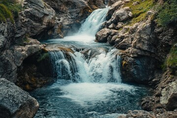 Waterfall Cascades Through Rugged Mountain Terrain