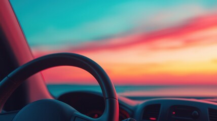 Obraz premium coastal highway exploration concept. A vibrant sunset view from inside a car, showcasing the steering wheel and colorful sky reflecting a serene driving experience.