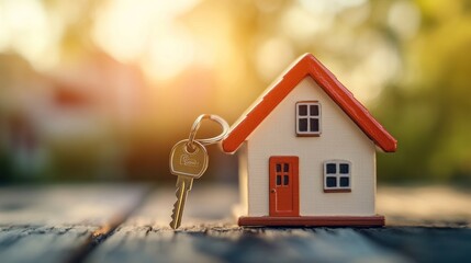 House Key and Miniature Home on a Wooden Surface