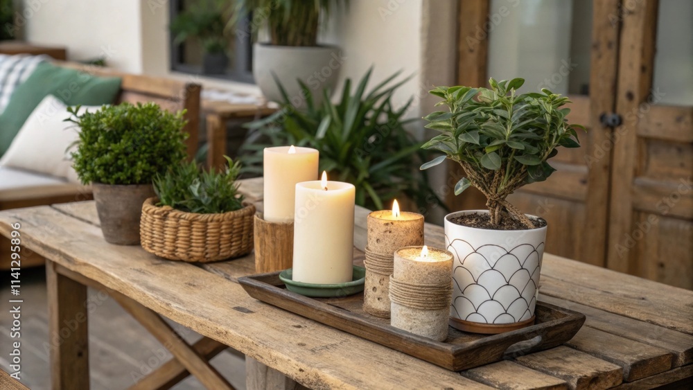 Poster a rustic wooden table stands nearby adorned with candles adding a touch of elegance to the relaxed s