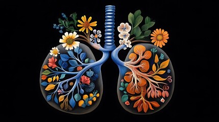 Floral Lungs: A Vibrant Botanical Illustration on Black AI Generated