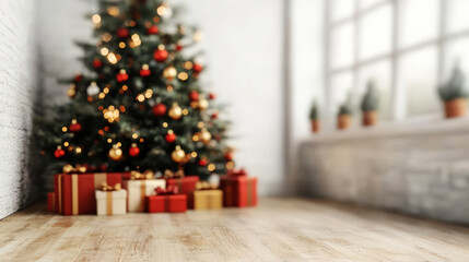 A Christmas tree placed indoors, adorned with colorful lights and balls, and gift boxes on the ground